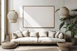 Mockup canvas frame on the wall. Scandinavian living room with a big template of a painting picture on the wall . Simple design with natural materials and neutral colors.