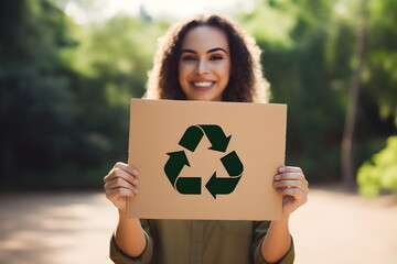 Wall Mural - A woman holding a sign with the universal recycling symbol on it