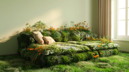 Wall Mural - Comfortable vivid minimalist interior overgrown with grass and flowers. Sunlight from the window. Green lifestyle. A harmonious room with grass, flowers and plants inside.