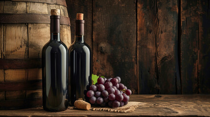 Wall Mural - Two Bottles of Wine and Grapes on Table