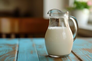 Wall Mural - Natural whole milk in a jug and a glass on the old wooden