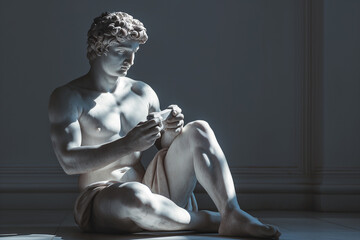  Antique marble sculpture with gamepad. Greek statue holding a joystick playing a video game. Gaming concept, modern digital entertainment and ancient art. Modern technology, game addiction