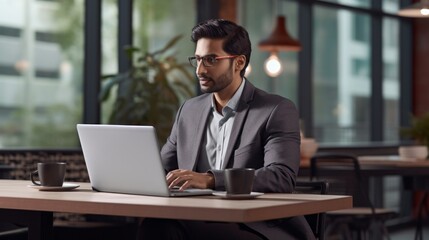 Poster - A handsome, serious Indian businessman works on a laptop, conducts an online interview and conference, advises a client in a modern office.