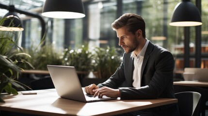 Poster - A Handsome, Focused Man Working at a Laptop in a Modern Office