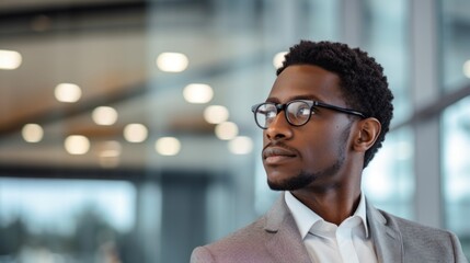 Poster - Close-up of a handsome young African American businessman, boss, entrepreneur, company director, wearing glasses and a stylish suit, looking away in a modern bright office.