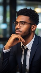 Poster - A close-up portrait of a handsome, serious young black businessman wearing a stylish suit and glasses, an entrepreneur thinking about new projects in the office.