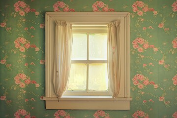 Vintage window with curtains and floral wallpaper in retro style, filtered image