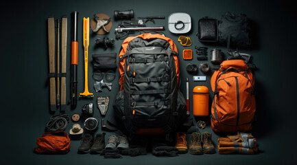 Orange backpack flat lay of various technologies with climbing equipment arranged on black background