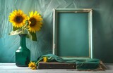 Fototapeta Las - Vibrant Sunflowers Next to a Frame in a Vase on a Table with Natural Light, Rustic Decor
