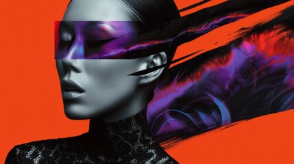 Wall Mural - Edgy and modern layout of high end fashion shoot in combination with elements of modern graphic design. Graphic strokes of paint on the model's face. Bright neon colors