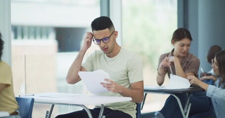 Aufkleber - Man, exam and confused for question in classroom, assessment and university student studying. School, education and why at college, people learning and knowledge or information on test and paper