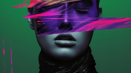 Wall Mural - Edgy and modern layout of high end fashion shoot in combination with elements of modern graphic design. Graphic strokes of paint on the model's face. Bright neon colors