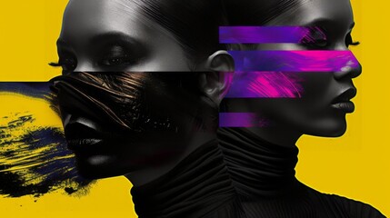 Wall Mural - Edgy and modern layout of high end fashion shoot in combination with elements of modern graphic design. Graphic strokes of paint on the model's face. Bright neon colors