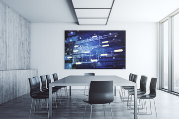 Poster - Abstract creative programming illustration on presentation monitor in a modern boardroom, big data and blockchain concept. 3D Rendering