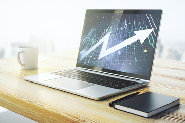 Aufkleber - Abstract creative financial diagram with upward arrow on modern computer monitor, growth and development concept. 3D Rendering