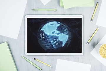 Poster - Top view of modern digital tablet monitor with America map, research and strategy concept. 3D Rendering