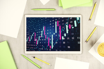 Poster - Modern digital tablet monitor with abstract creative financial chart, research and strategy concept. Top view. 3D Rendering