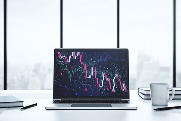 Aufkleber - Modern computer monitor with creative abstract global crisis chart with world map hologram. Financial crisis and recession concept. 3D Rendering