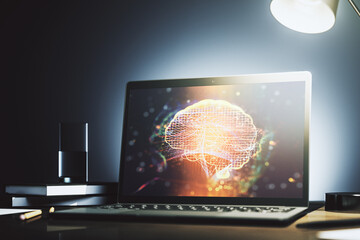 Aufkleber - Modern computer monitor with creative artificial Intelligence symbol. Neural networks and machine learning concept. 3D Rendering