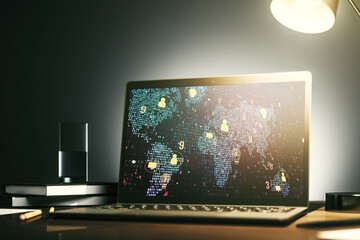 Aufkleber - Modern computer screen with social network icons concept and world map. Networking concept. 3D Rendering