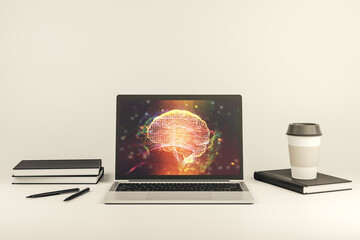 Poster - Modern computer monitor with creative artificial Intelligence symbol. Neural networks and machine learning concept. 3D Rendering