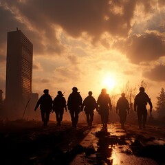 Wall Mural - Silhouettes of soldiers saluting on background of sunset