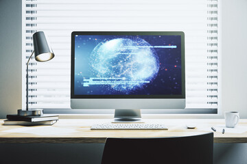 Poster - Modern computer display with abstract programming language hologram and world map, artificial intelligence and neural networks concept. 3D Rendering
