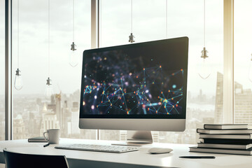 Aufkleber - Creative abstract technology sketch on modern laptop monitor, future technology and AI concept. 3D Rendering