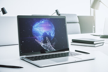 Poster - Abstract graphic world map on modern laptop screen, connection and communication concept. 3D Rendering