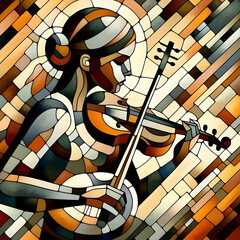 A musician playing an instrument through fragmented, overlapping shapes, capturing the rhythm and movement of the music.