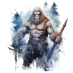 Sasquatch The Witcher: With sword and magic sigils, watercolour style on white background 