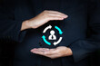 © wor_woot - Customer retention and customer care icon on hand of business man; Human resource management; Staff turnover or job rotation concept