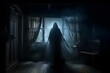 © Anastasiia - Mysterious figure haunts a dimlylit room through a spooky Halloween window. Concept Halloween, Mysterious Figure, Dimly Lit Room, Spooky Window