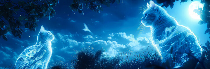 Fantasy glowing cat spirits under moonlight