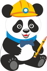 Wall Mural - cute panda builder, panda in a hard hat, with a pencil cute little bear on a transparent background