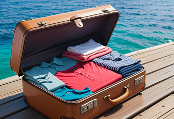 A suitcase opened with folded clothes stacked inside with sea ba