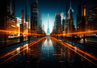 Wall Mural - Abstract urban cityscape with glowing orange light trails and modern skyscrapers at night empty street reflections on the pavement urban fantasy landscape