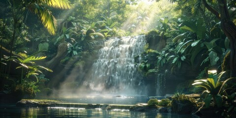 Wall Mural - enchanting waterfall in lush natural forest serene landscape where water cascades over rocks amidst 