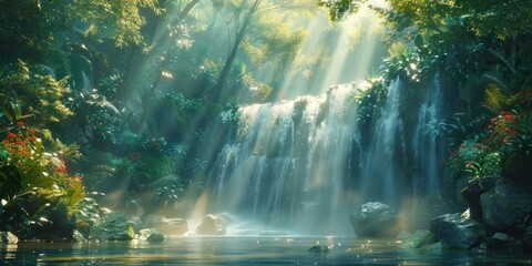 Wall Mural - enchanting waterfall in lush natural forest serene landscape where water cascades over rocks amidst 