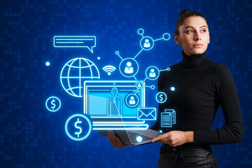 Poster - Thoughtful young woman using laptop with creative SEO hologram on blue background. Process of work, community, target goal to achieve, planning data, search analysis report concept.