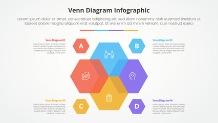 Poster - venn diagram infographic concept for slide presentation with hexagon shape center flower with 4 poin