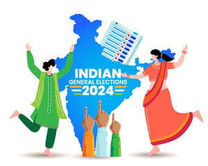 Wall Mural - people celebrating Indian elections with inked finger and EVM machine  concept vector illustration