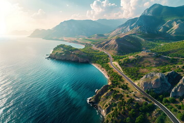 Wall Mural - aerial view of a road in a sea beach, mountains shore