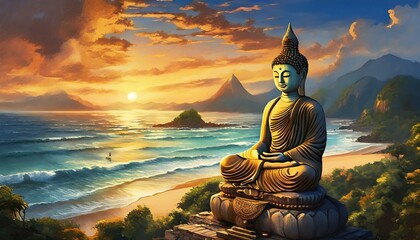 buddha statue on beach, sunset