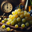 Grapes and old clock on the table, The character is fictional,