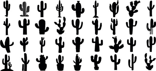 Wall Mural - Black cactus silhouettes, diverse shapes and sizes, isolated on white background. Ideal for wallpaper, wrapping paper, textile prints