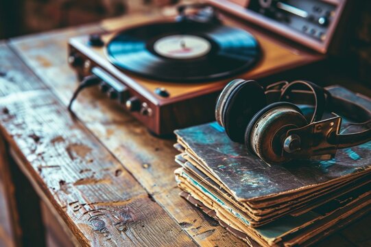 : A stack of vinyl records on a wooden table, with a record player and headphones nearby.