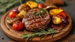Grilled beef steak with rosemary and baked vegetables