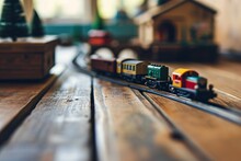 : A Toy Train Set With Tracks, Bridges, And Tunnels On A Wooden Floor.