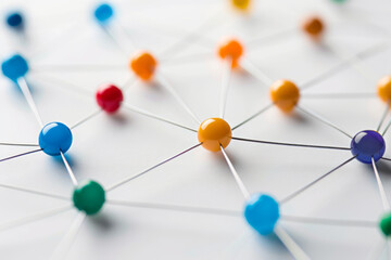 Poster - A large grid of pins connected with string. Communication, technology, network concept